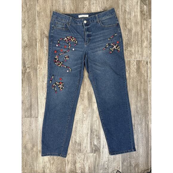 Est 1946 Denim - Y2K Rhinestone Embellished Jeans Mid-Rise 14 Bling Floral Sparkle Boho Festival